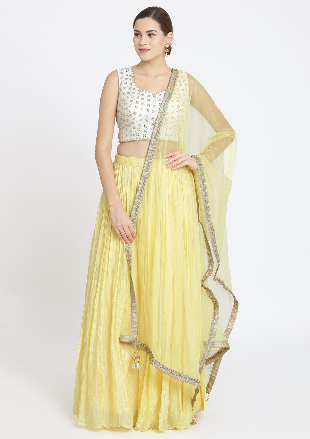 Yellow and Off-White Mirrorwork Satin Designer Lehenga-Koskii
