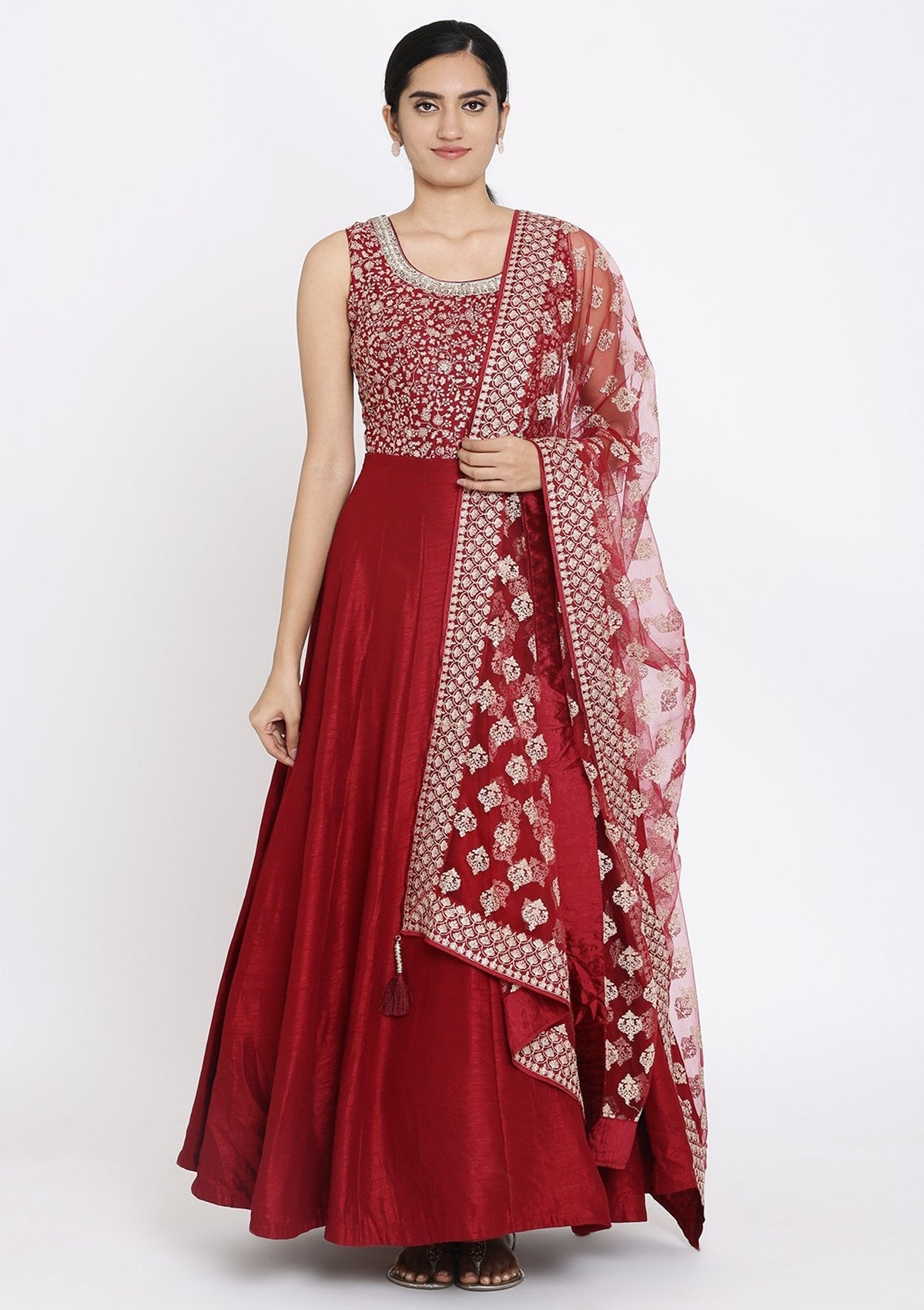 Maroon Zariwork Raw Silk Designer Gown - koskii