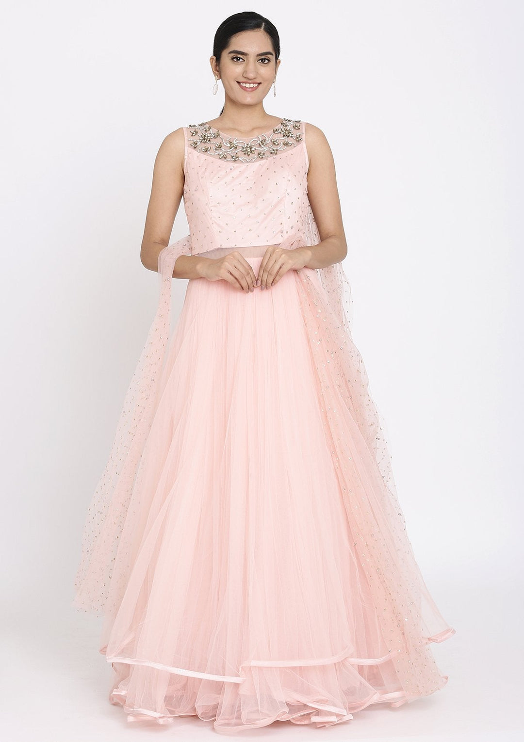 Baby Pink Stonework Net Designer Gown - koskii