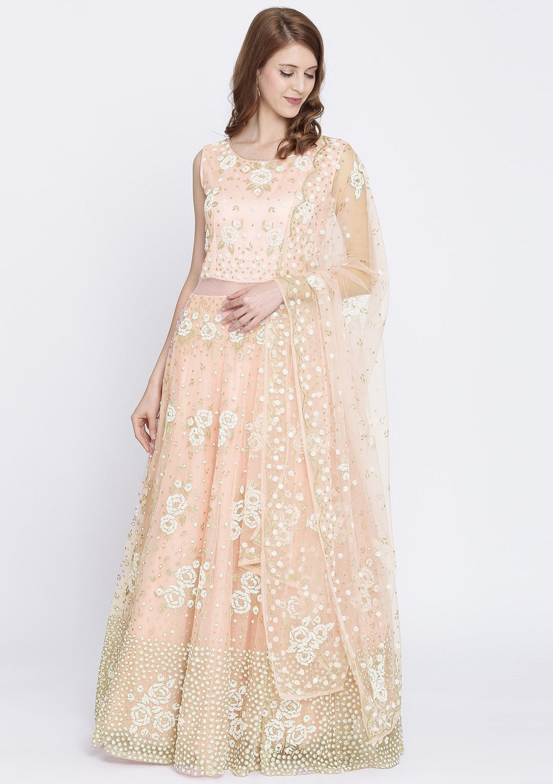 Baby Pink Cutdana Net Designer Gown-Koskii