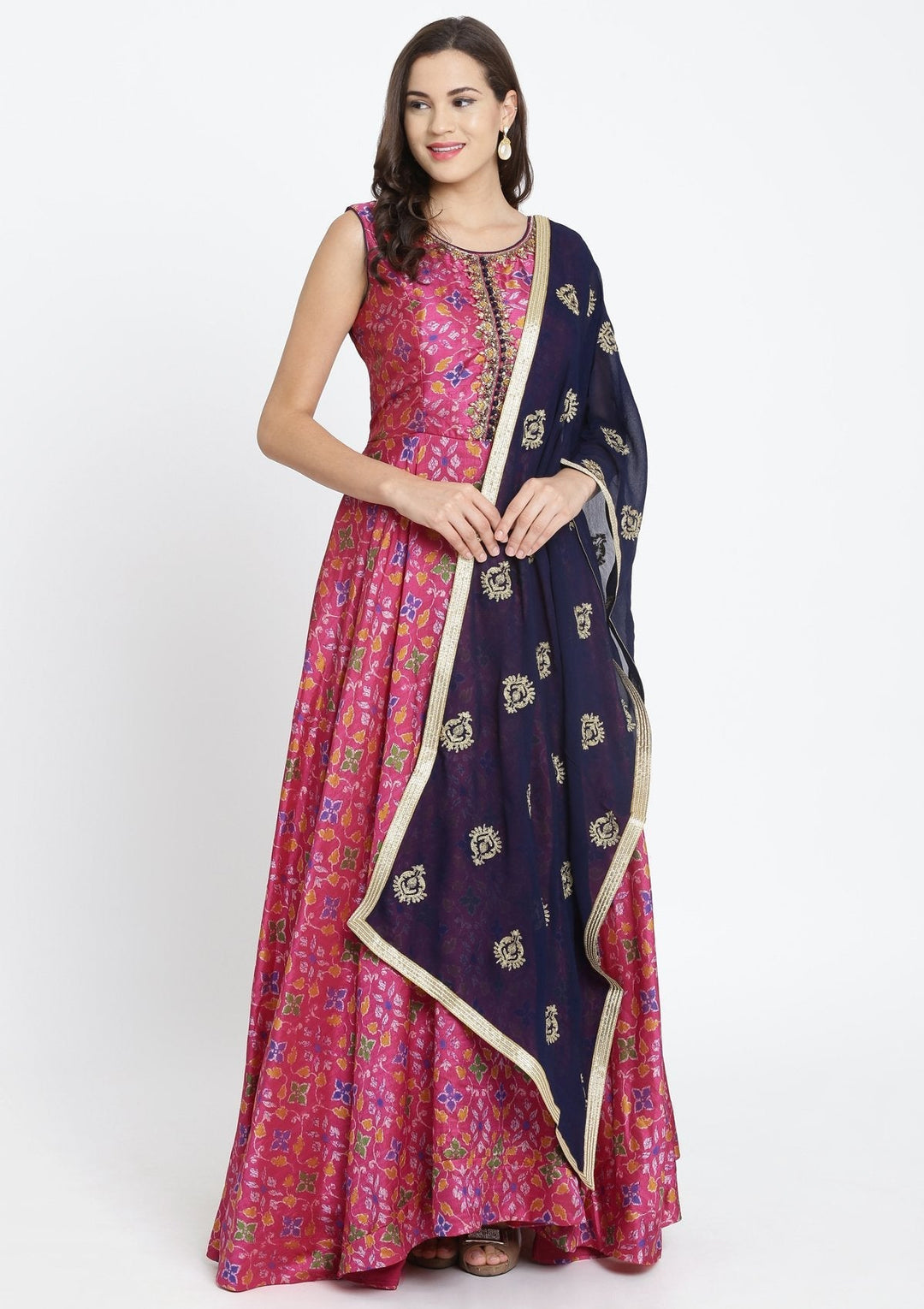 Fuschia Stonework Art Silk Designer Gown-Koskii