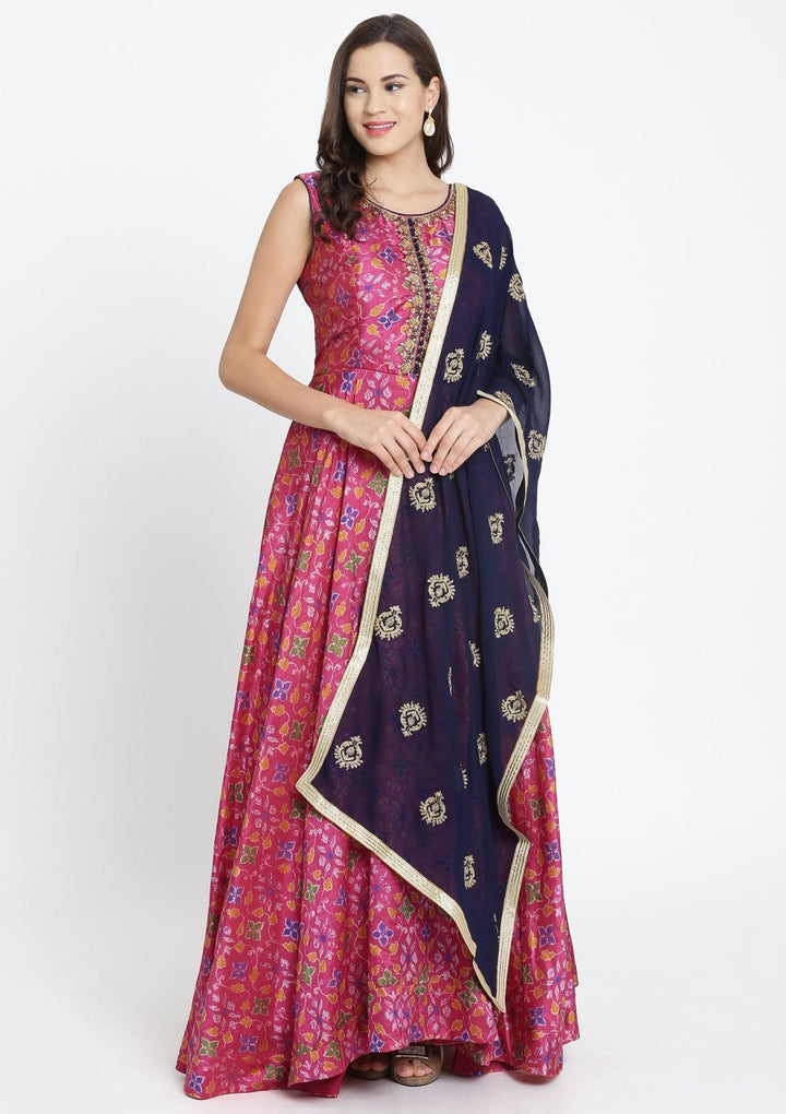 Fuschia Stonework Art Silk Designer Gown-Koskii