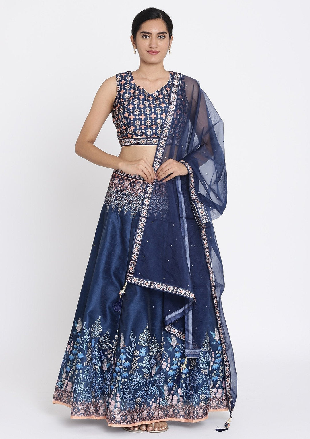 Navy Blue Printed Raw Silk Designer Lehenga - koskii