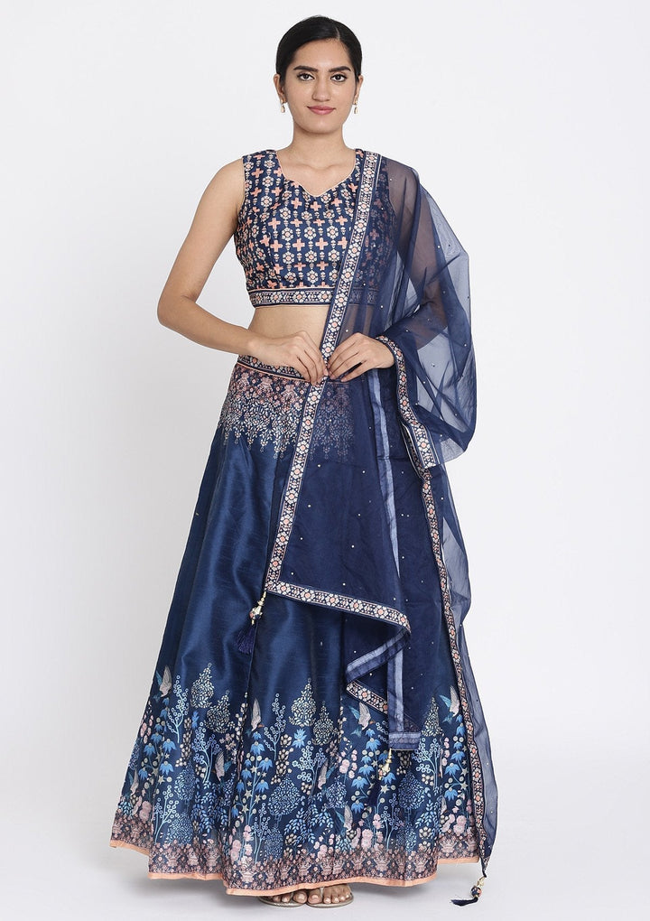 Navy Blue Printed Raw Silk Designer Lehenga - koskii