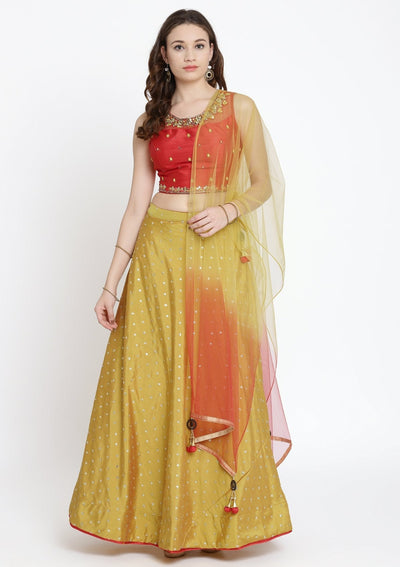 Mustard Mirrorwork Raw Silk Designer Lehenga-Koskii