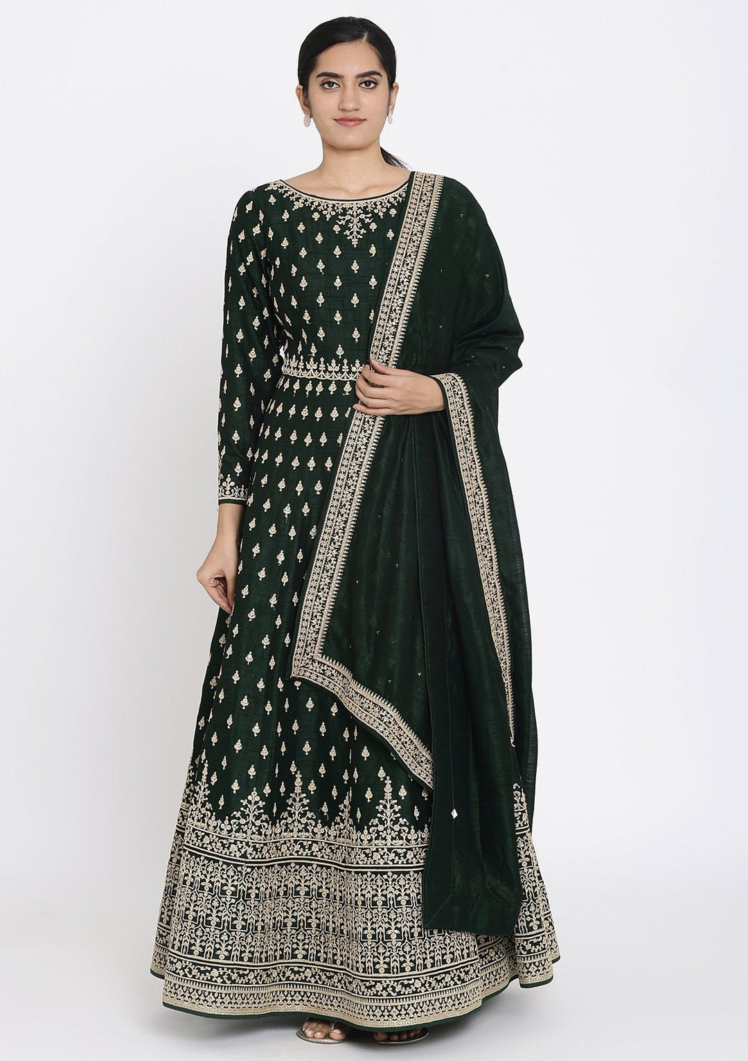 Bottle Green Zariwork Raw Silk Designer Gown - koskii