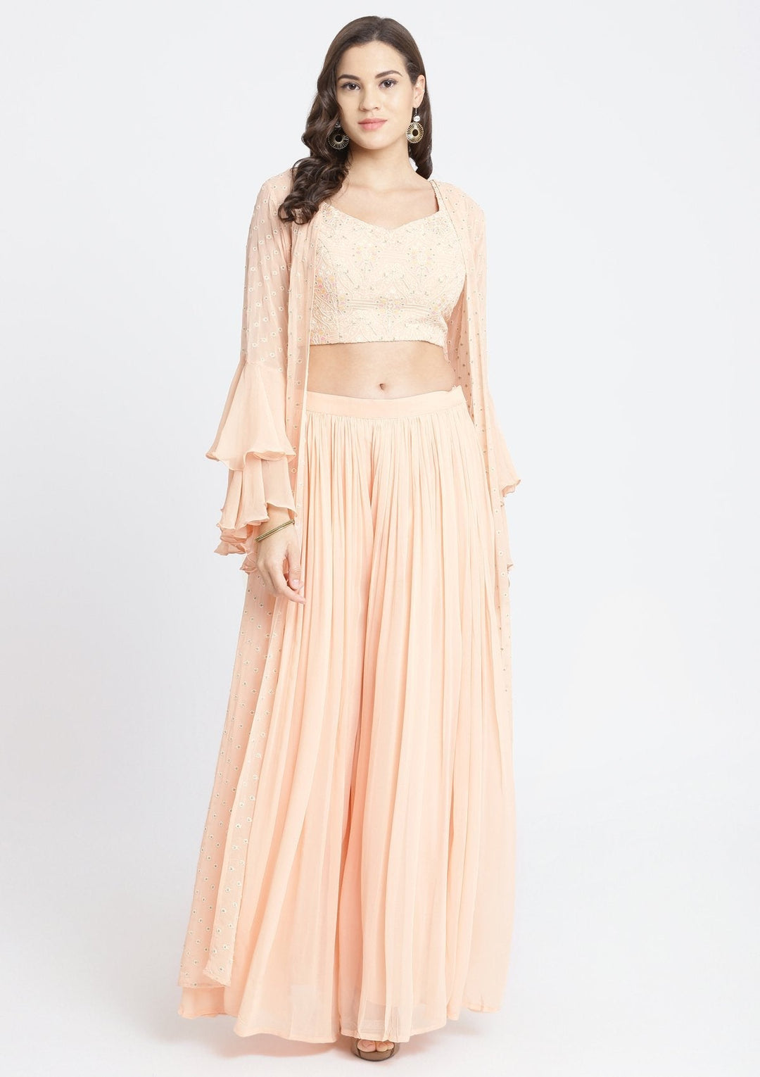 Peach Threadwork Georgette Designer Crop Top Set-Koskii