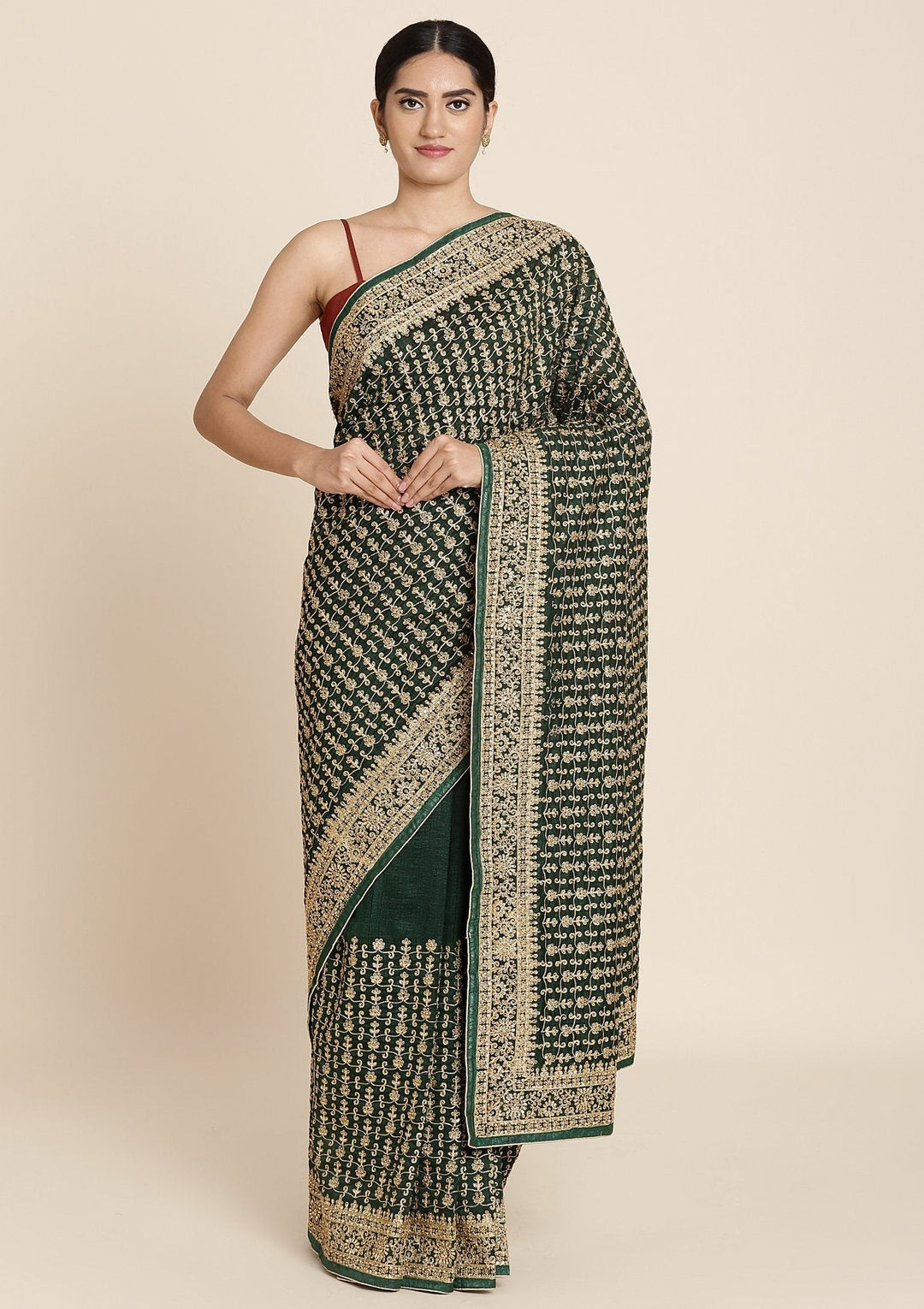 Bottle Green Zariwork Art Silk Designer Saree - koskii