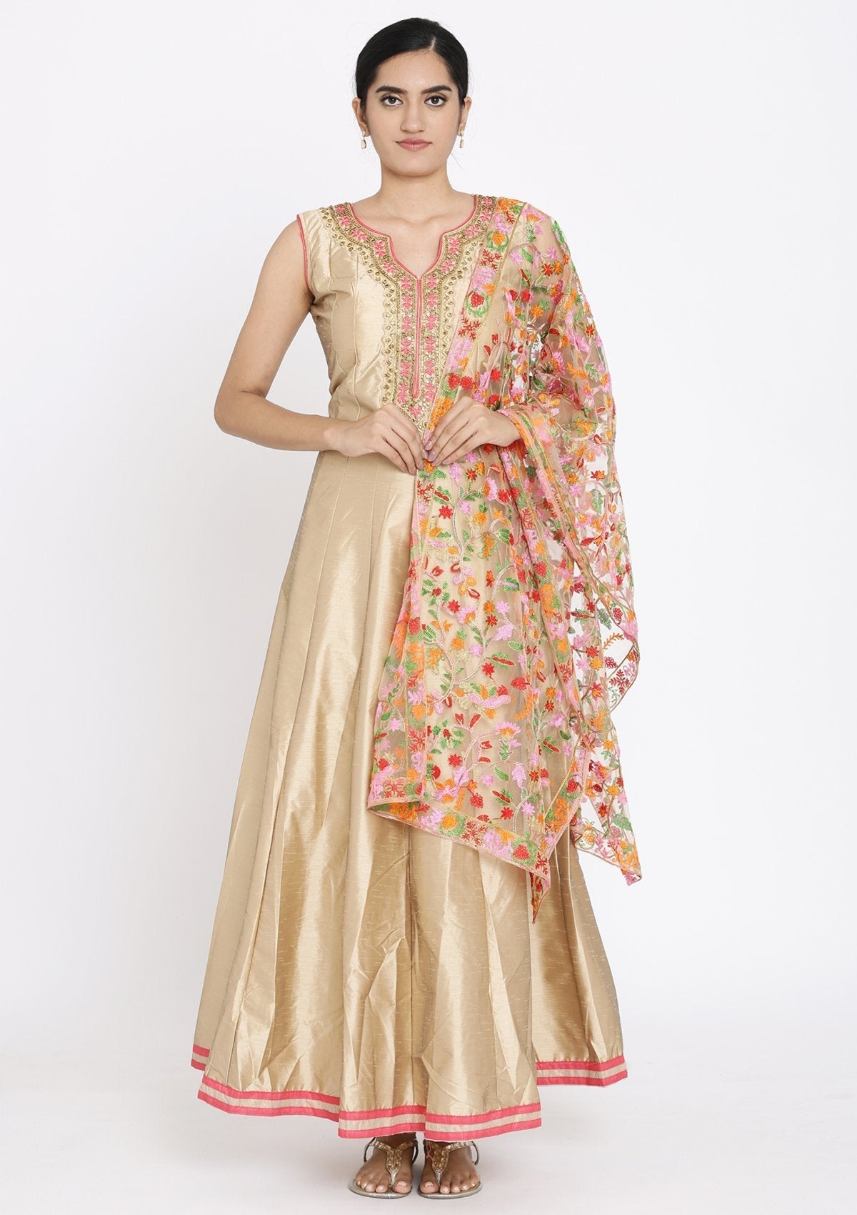 Gold Stonework Raw Silk Designer Gown - koskii
