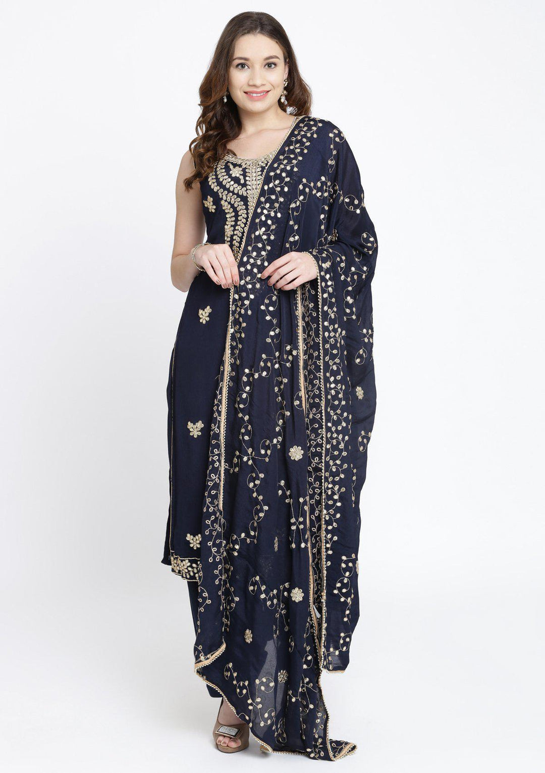 Navy Blue Gotapatti Semi Crepe Designer Salwar Suit-Koskii