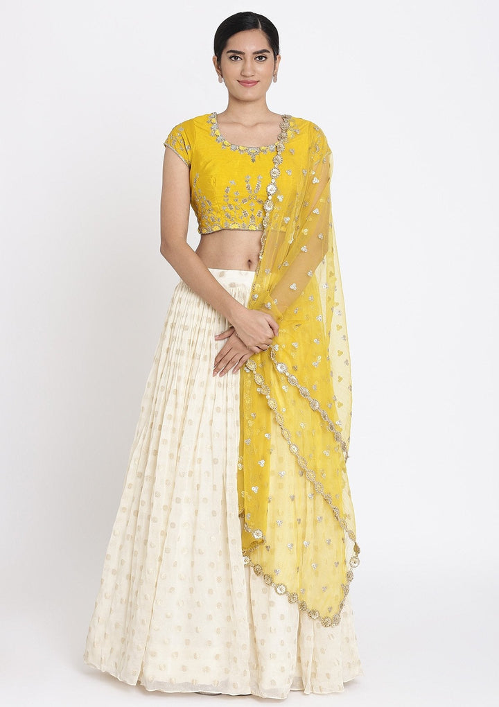 Cream And Yellow Zardosi Georgette Designer Lehenga - koskii