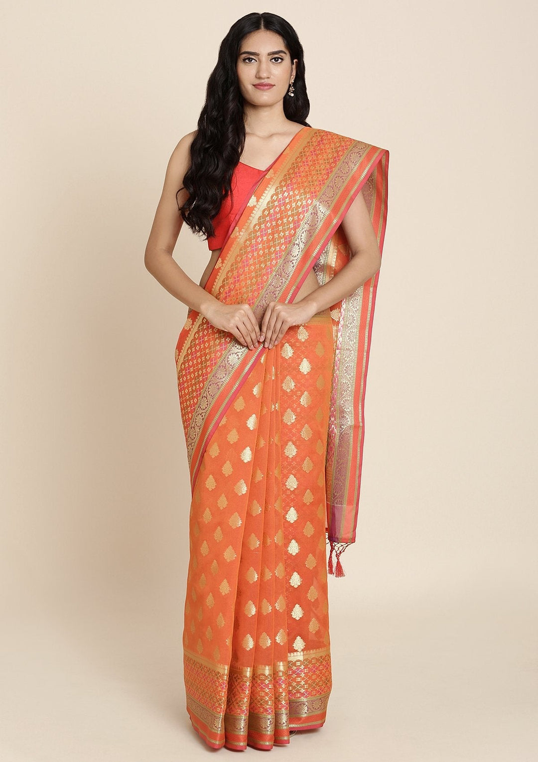 Orange Zariwork Art Silk Designer Saree - koskii