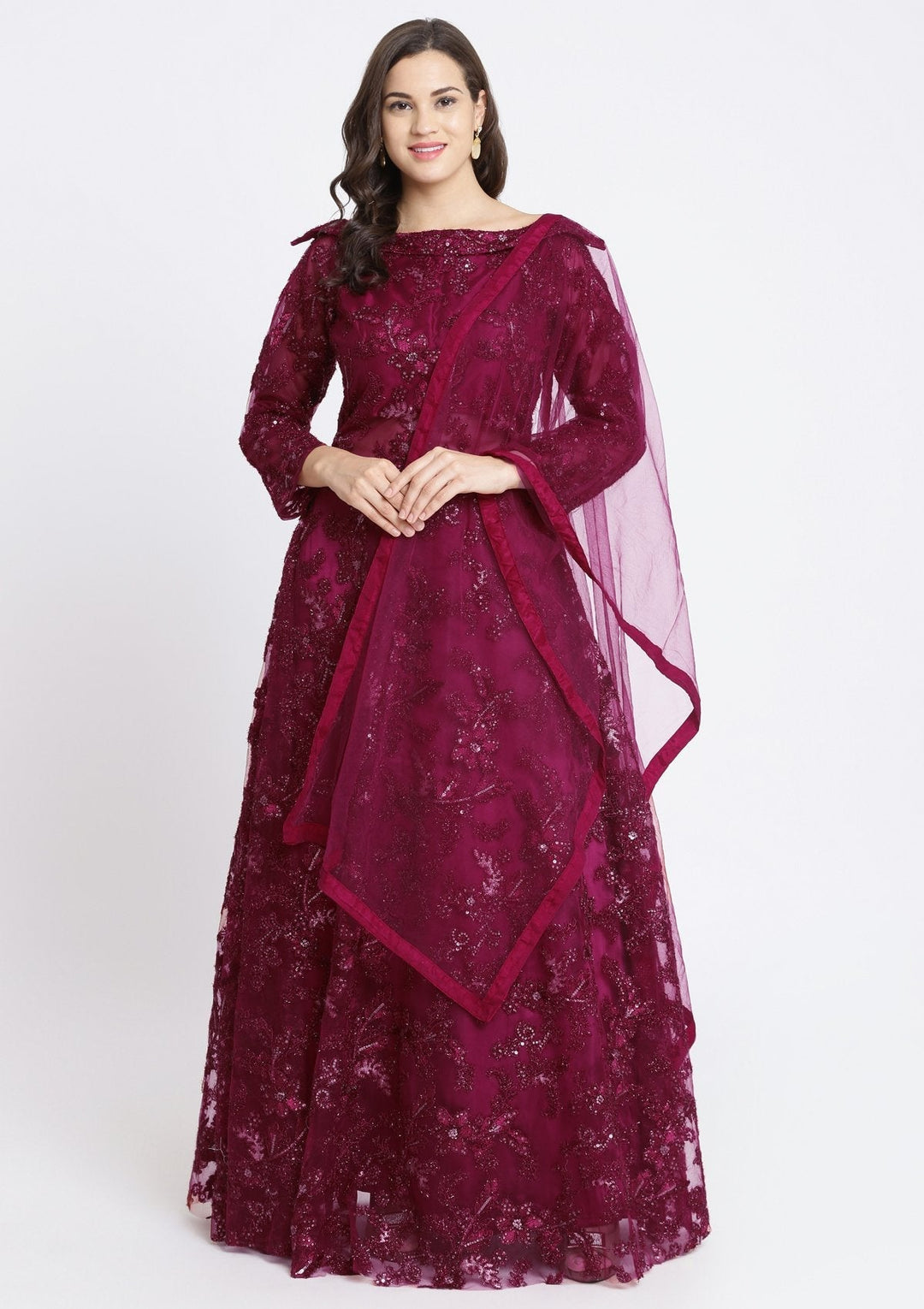 Maroon Sequinned Net Designer Gown-Koskii