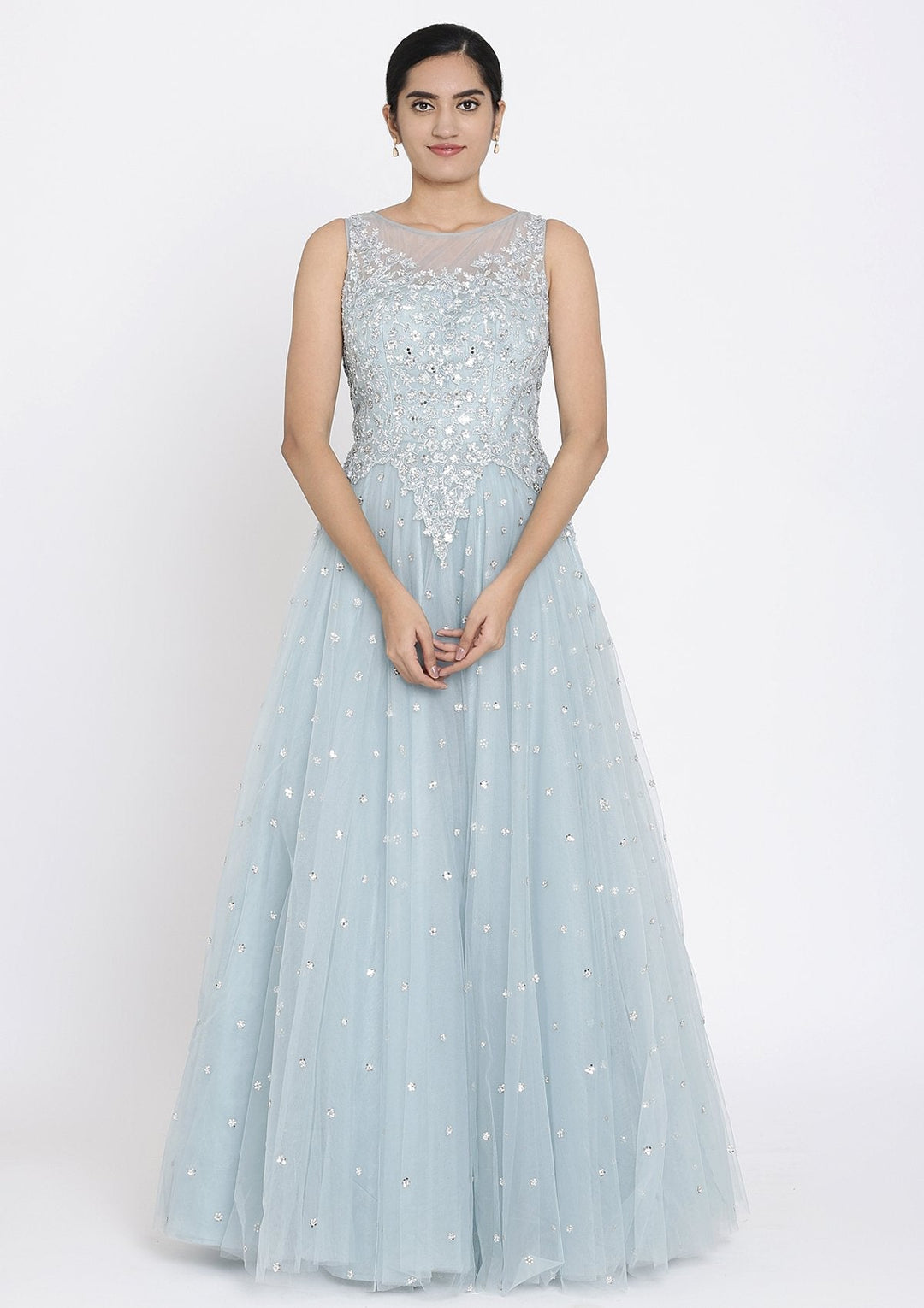 Light Grey Sequins Net Designer Gown - koskii