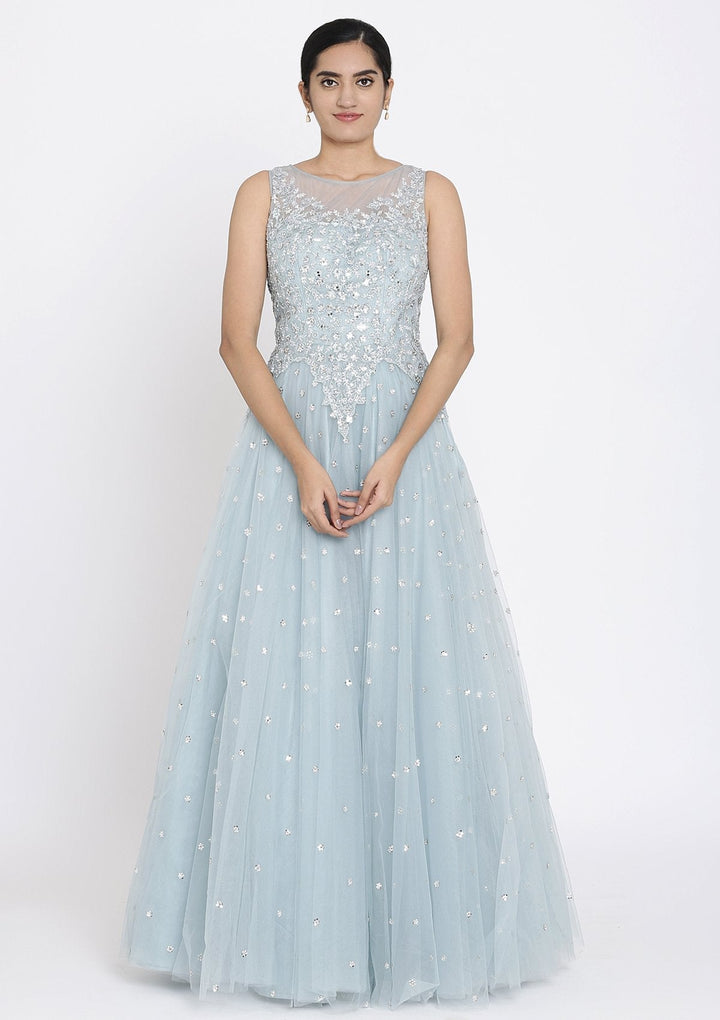 Light Grey Sequins Net Designer Gown - koskii