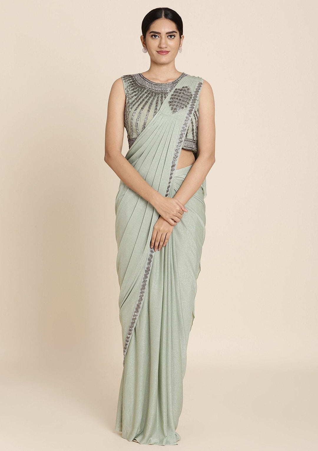 Pista Green Cutdana Lycra Designer Saree - koskii
