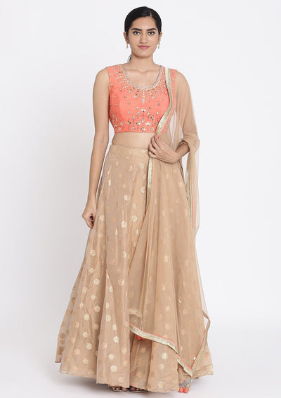 Light Brown And Peach Mirrorwork Tissue Designer Lehenga - koskii