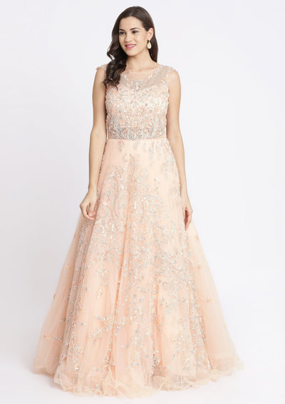 Peach Sequinned Net Designer Gown-Koskii