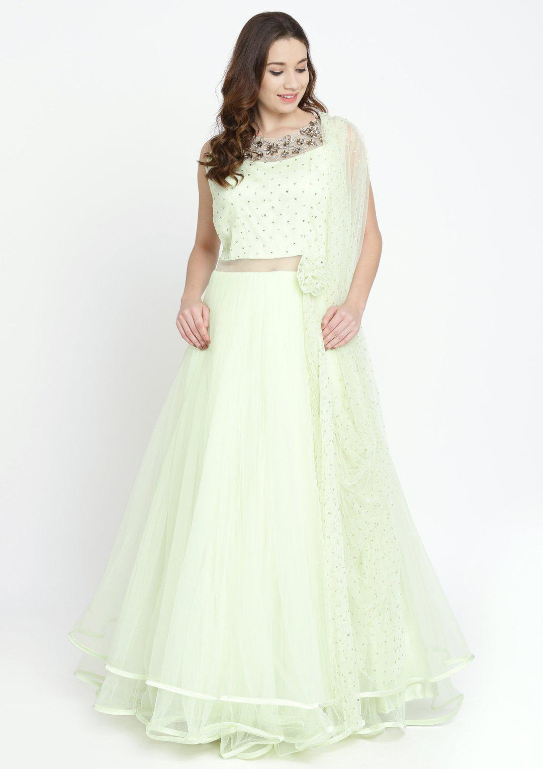 Pista Green Stonework Net Designer Gown-Koskii