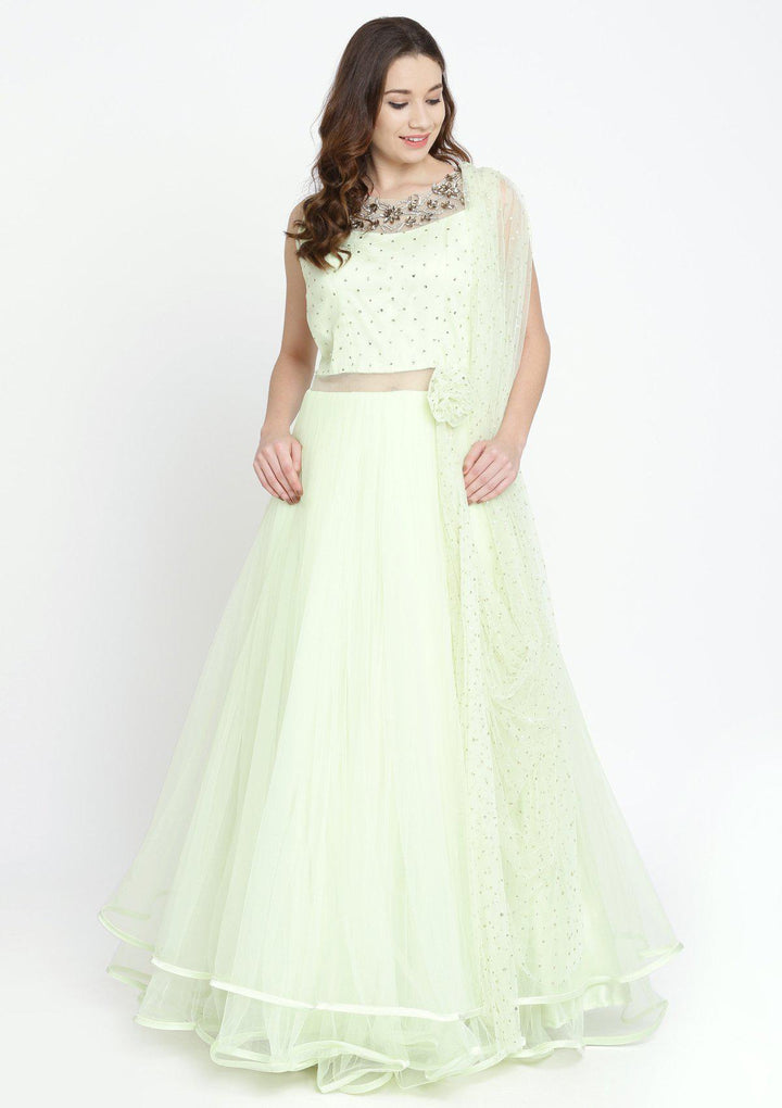 Pista Green Stonework Net Designer Gown-Koskii