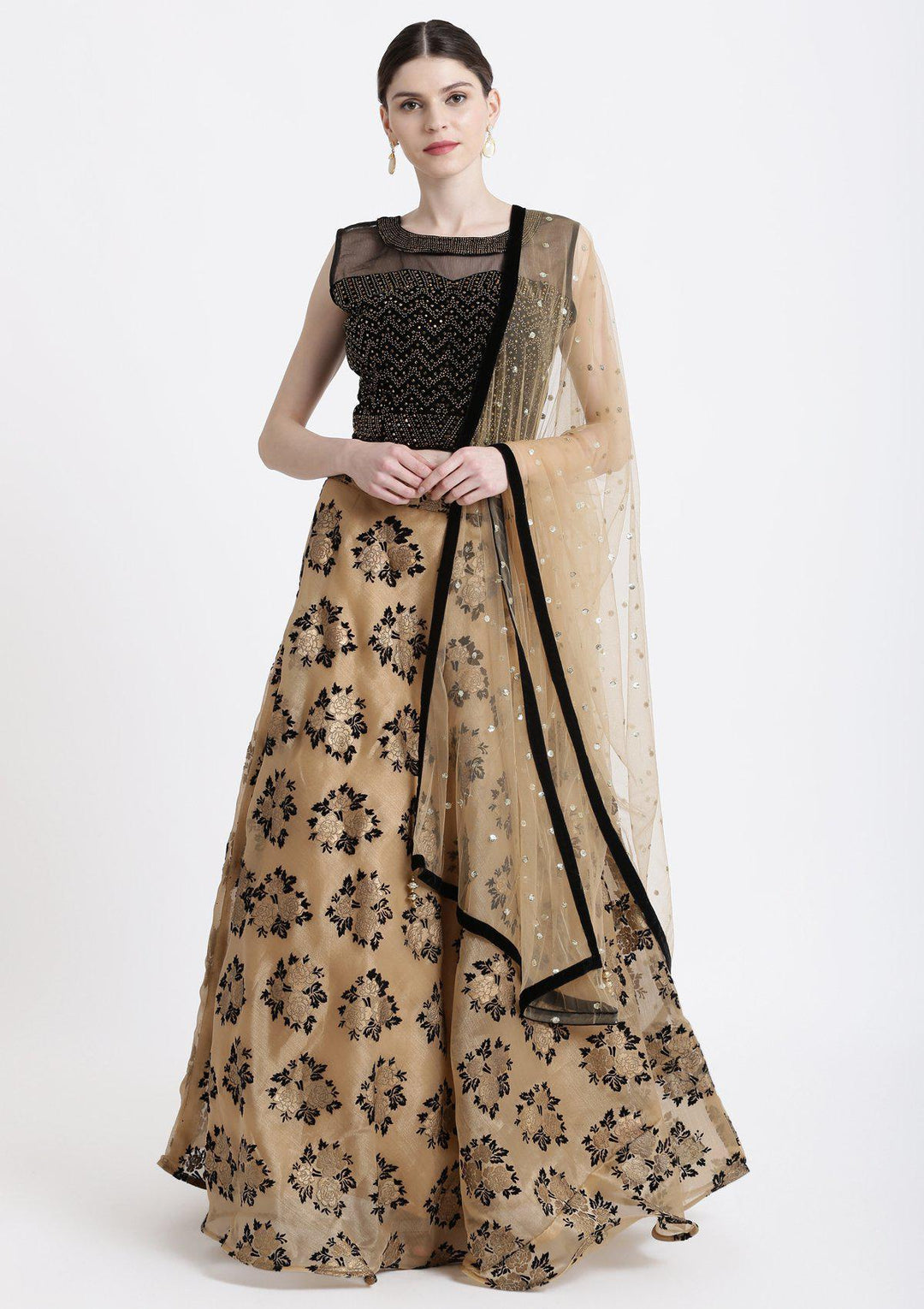 Gold Swarovski Tissue Designer Lehenga-Koskii