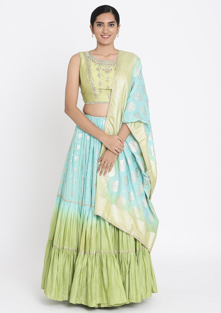 Sea Green And Pista Green Gotapatti Art Silk Designer Lehenga - koskii