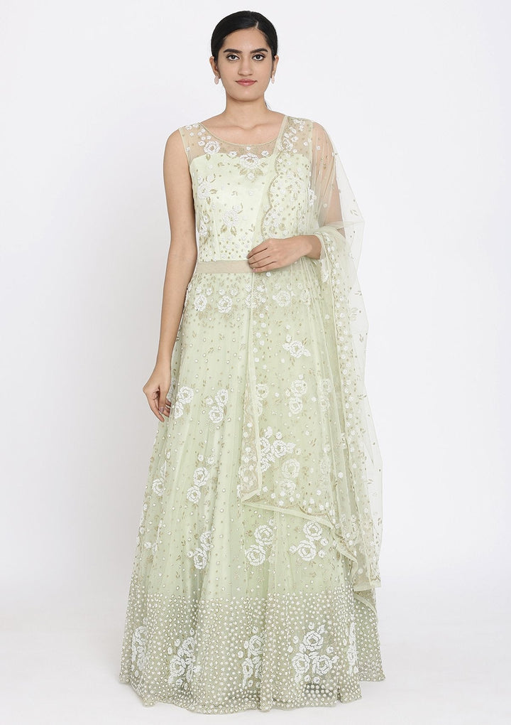 Pista Green Cutdana Net Designer Gown - koskii