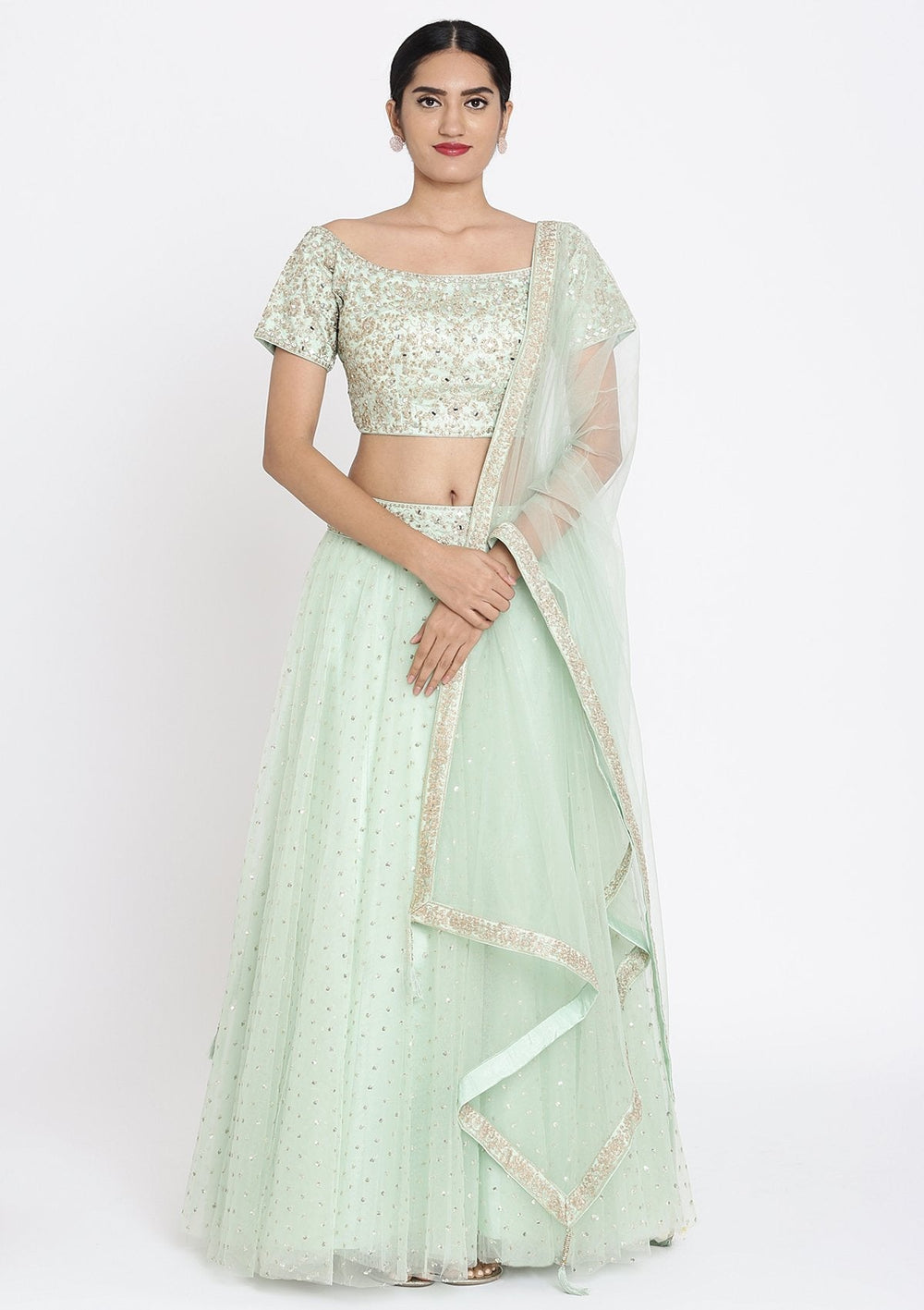 Pista Green Zariwork Net Designer Lehenga - koskii