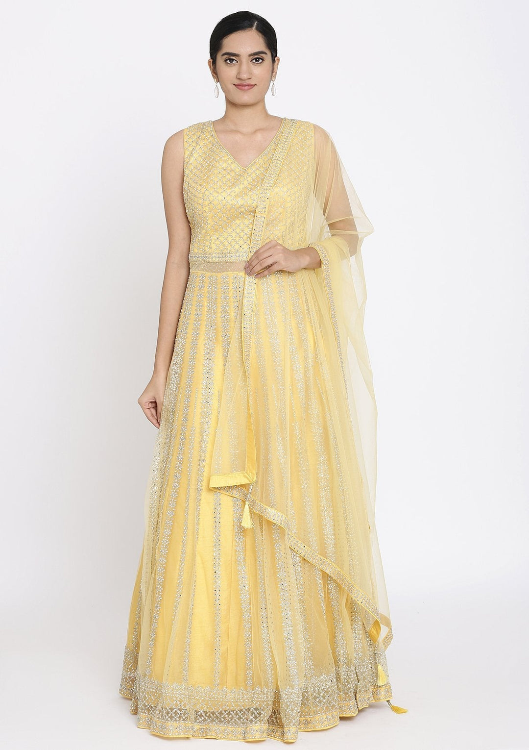 Yellow Silver Stonework Net Designer Gown - koskii