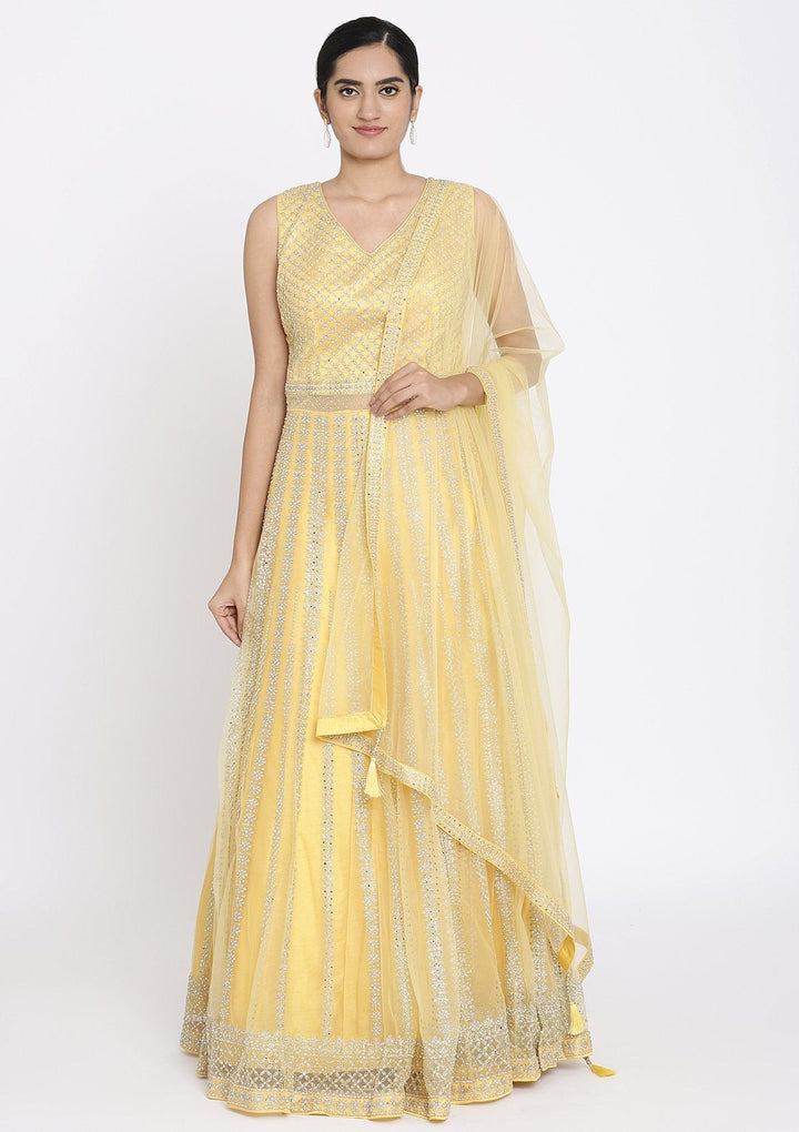 Yellow Silver Stonework Net Designer Gown - koskii