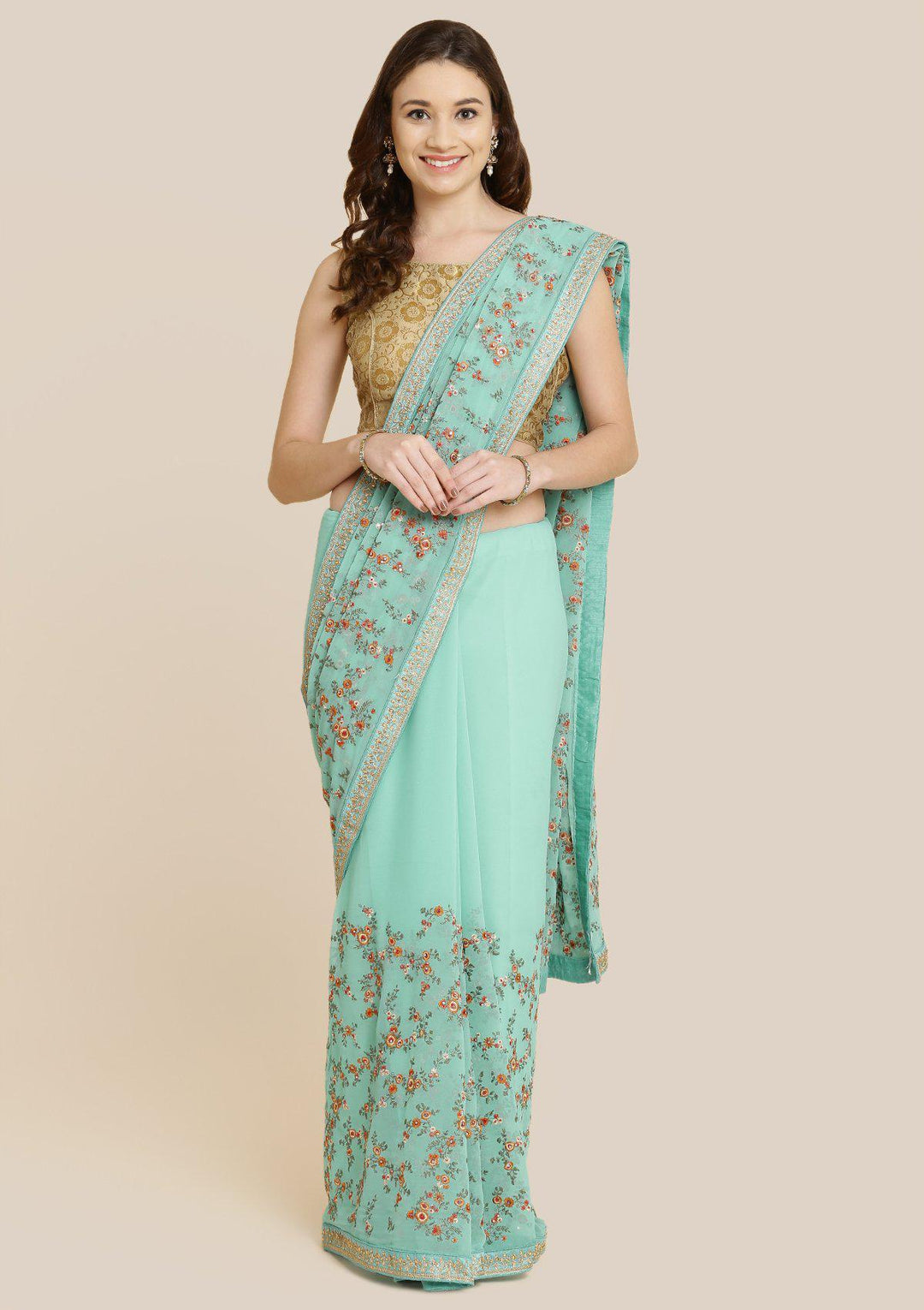 Sea Green Threadwork Georgette Designer Saree-Koskii