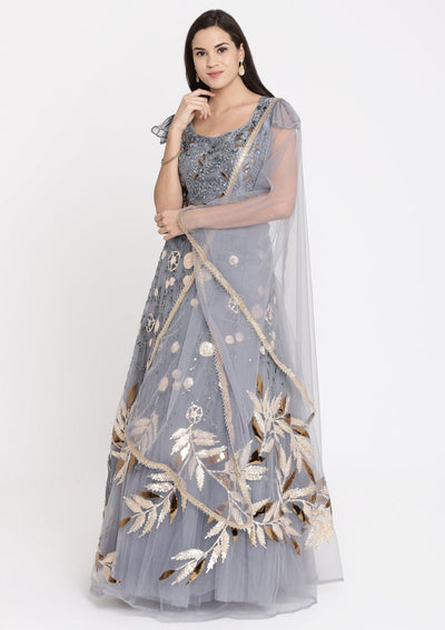 Dark Grey Cutdana Net Designer Lehenga-Koskii