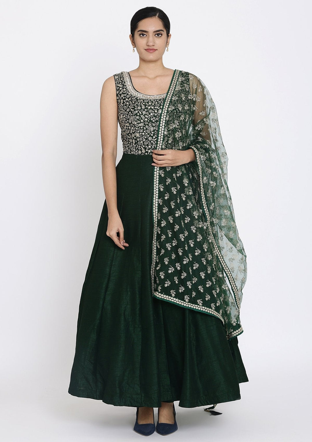 Bottle Green Zariwork Raw Silk Designer Gown - koskii