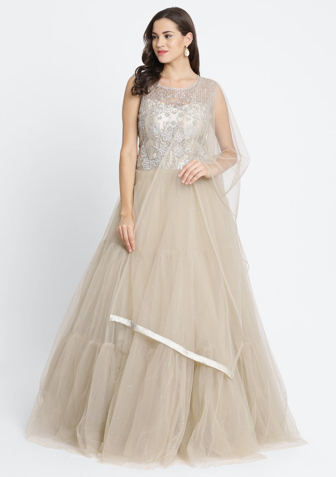 Light Brown Silver Stonework Net Designer Gown-Koskii