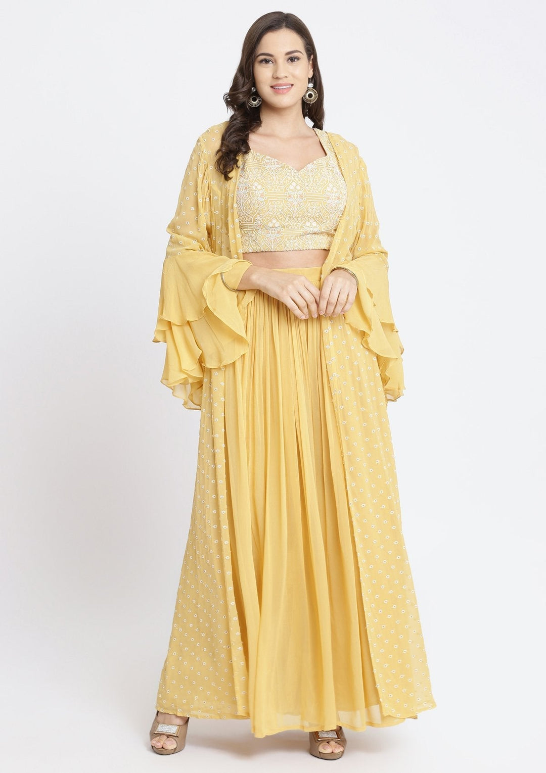 Yellow Threadwork Georgette Designer Crop Top Set-Koskii