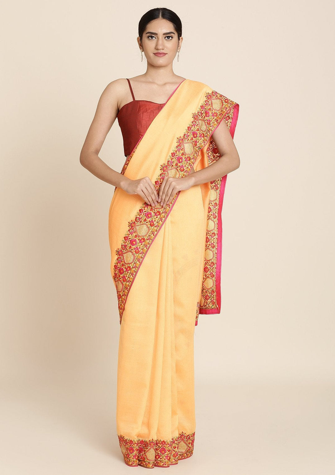 Mustard Threadwork Raw Silk Designer Saree - koskii