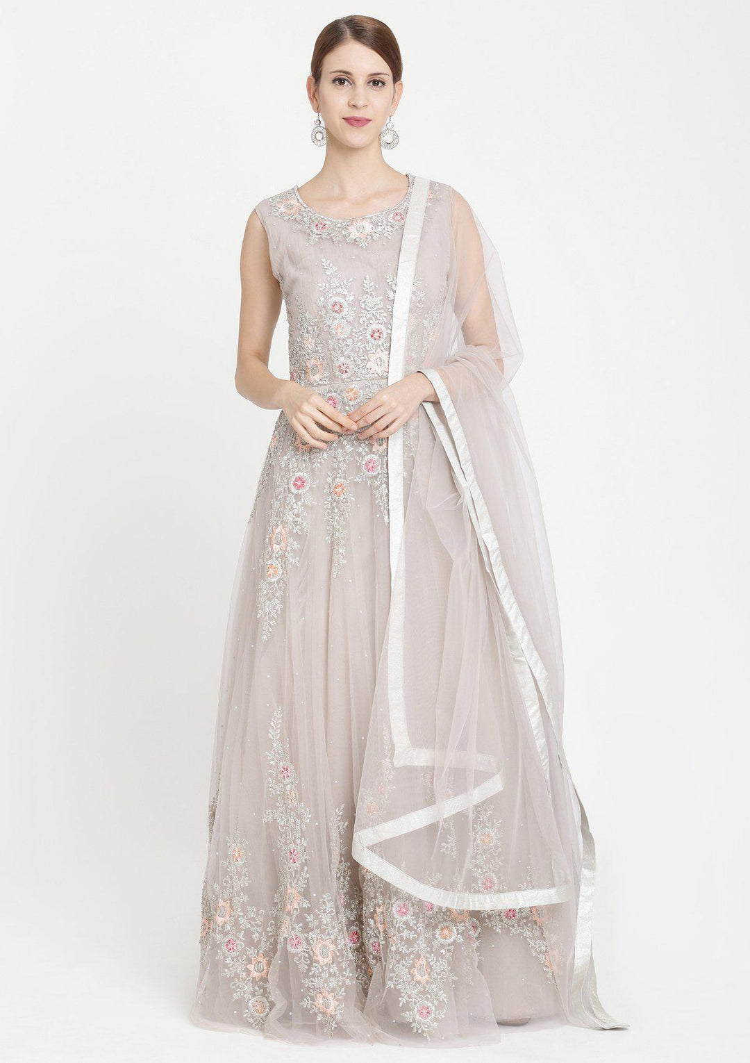 Light Grey Zariwork Net Designer Gown-Koskii