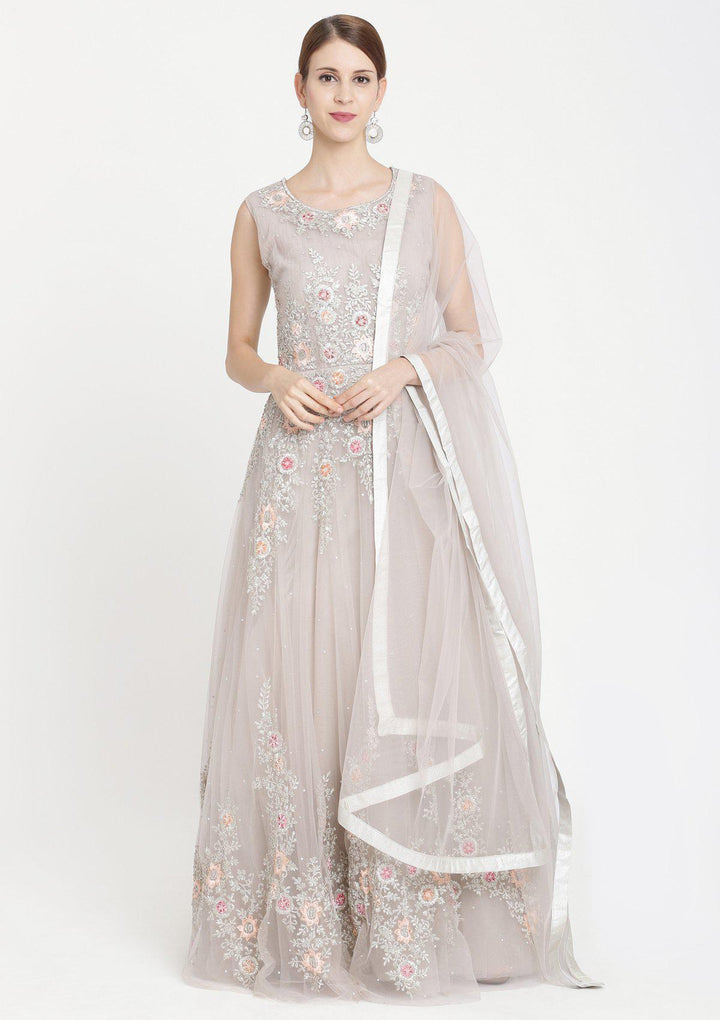 Light Grey Zariwork Net Designer Gown-Koskii