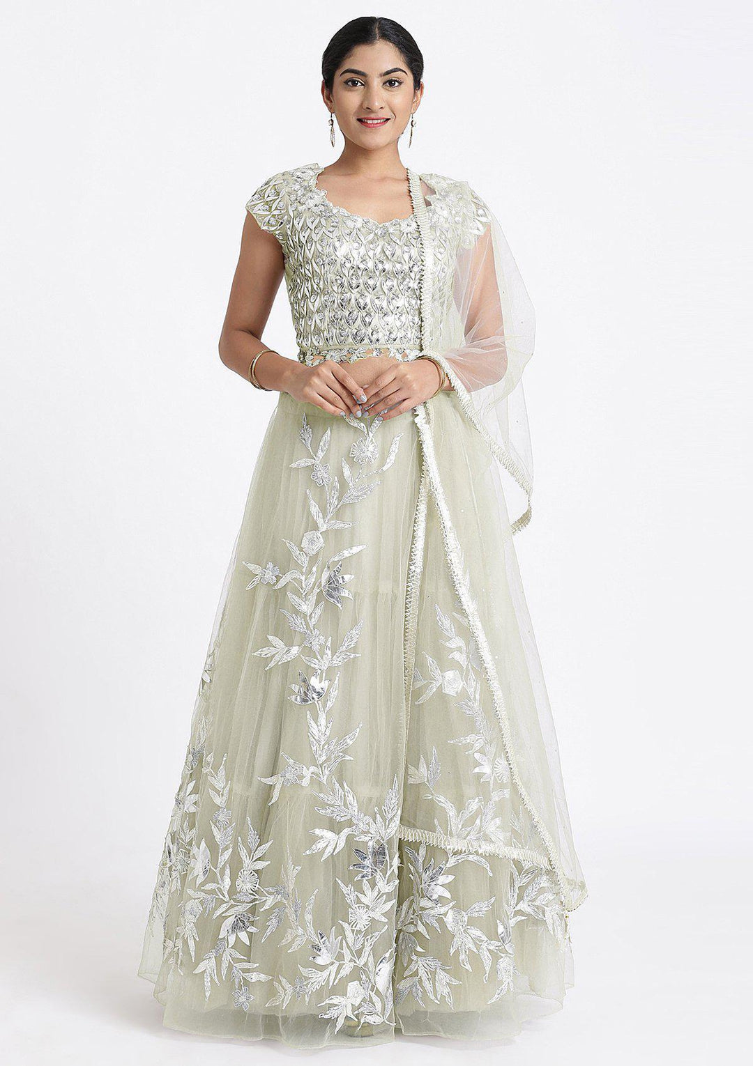 Pista Green Sequinned Net Designer Lehenga-Koskii