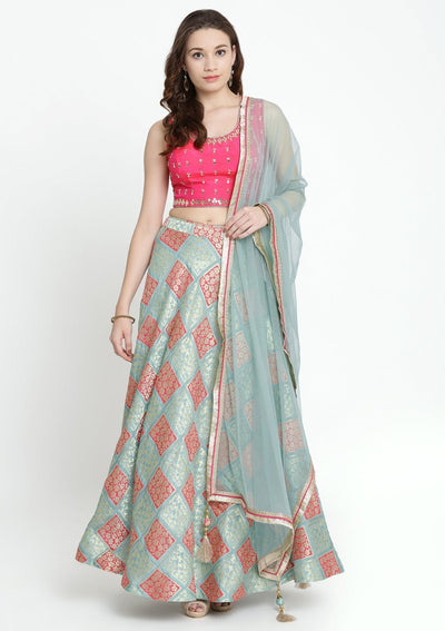 Pista Green and Fuschia Mirrorwork Brocade Designer Lehenga-Koskii