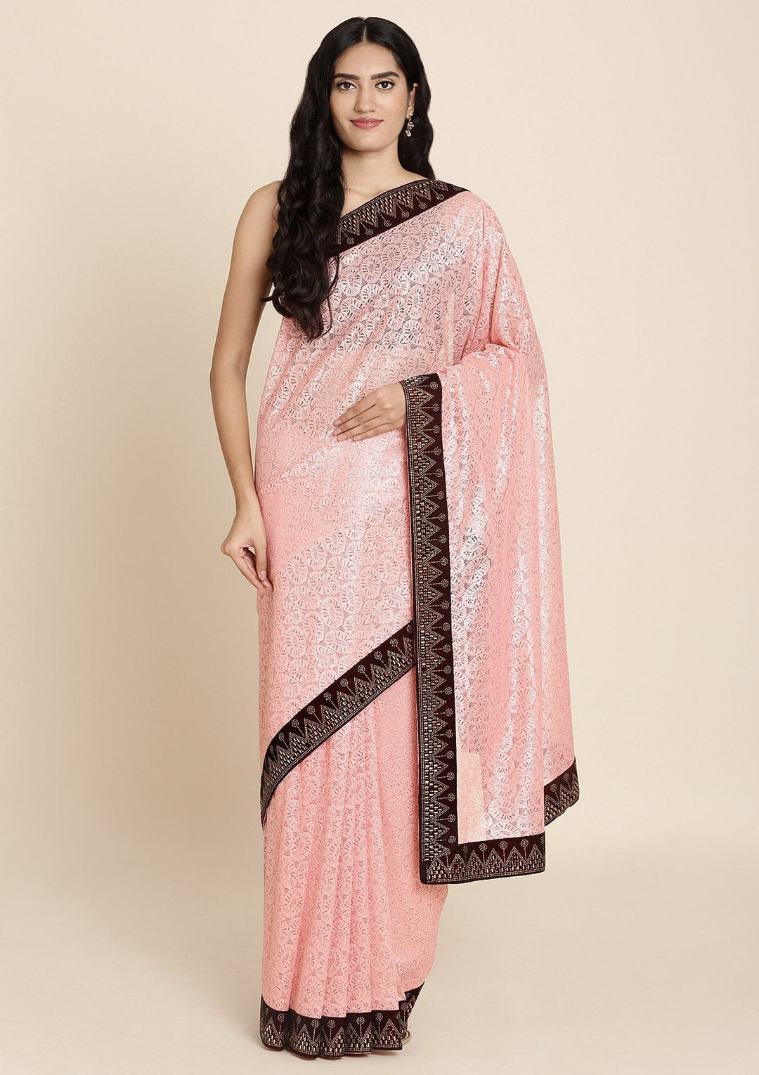 Pink And Maroon Swarovski Net Designer Saree - koskii