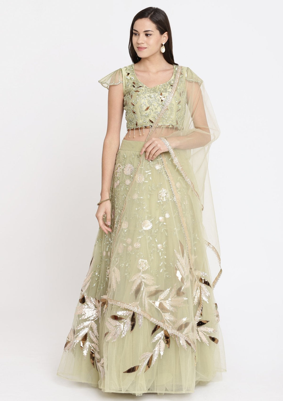 Pista Green Cutdana Net Designer Lehenga-Koskii