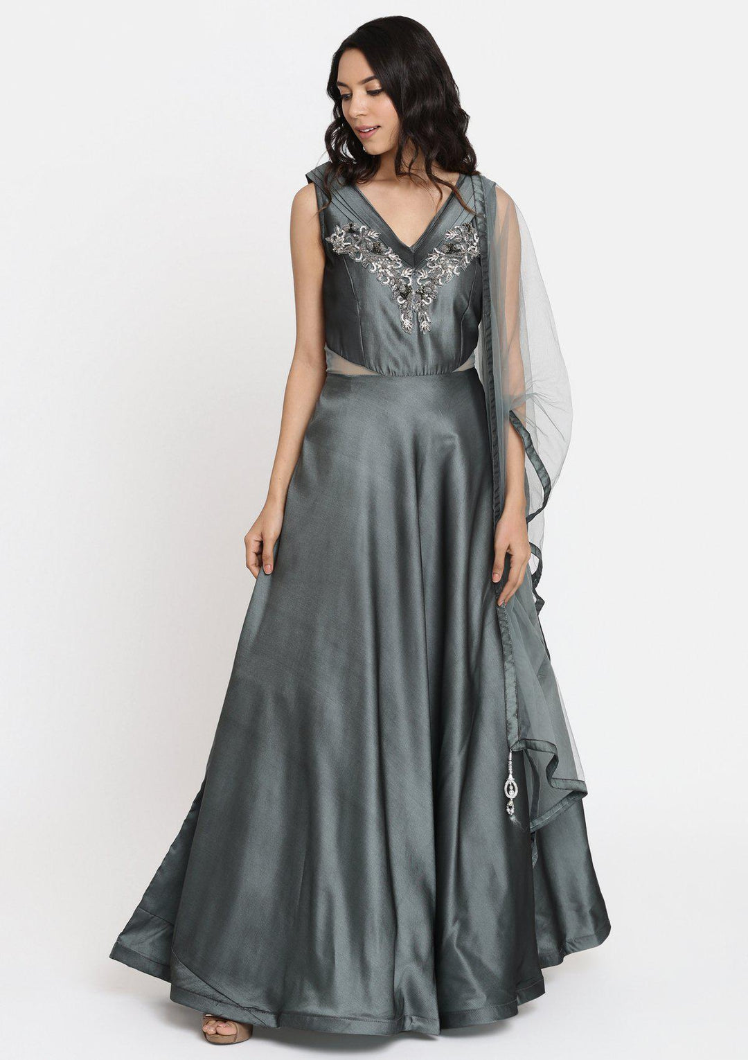 Mehendi Cutdana Taffeta Silk Designer Gown-Koskii
