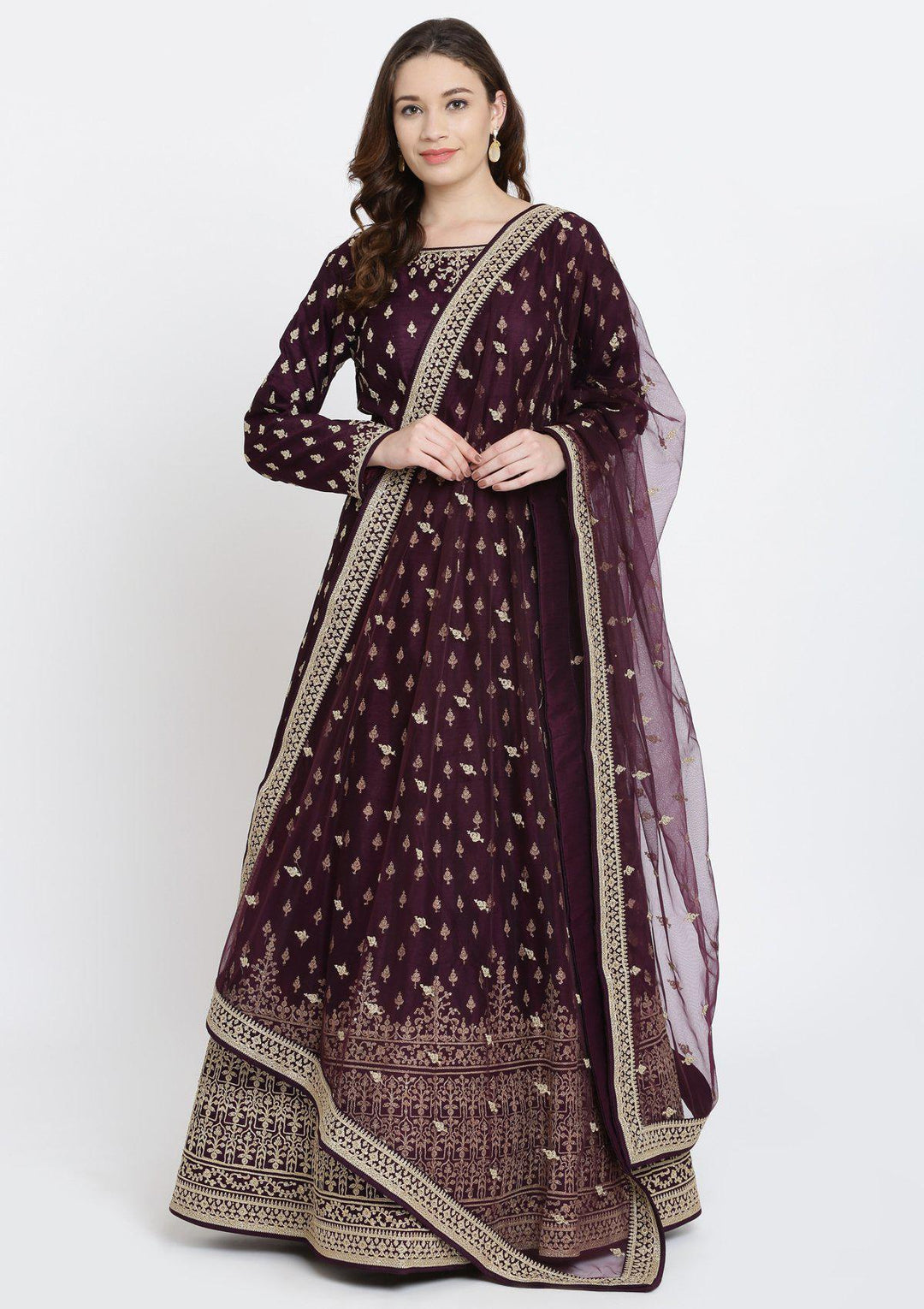 Wine Zariwork Raw Silk Designer Gown-Koskii