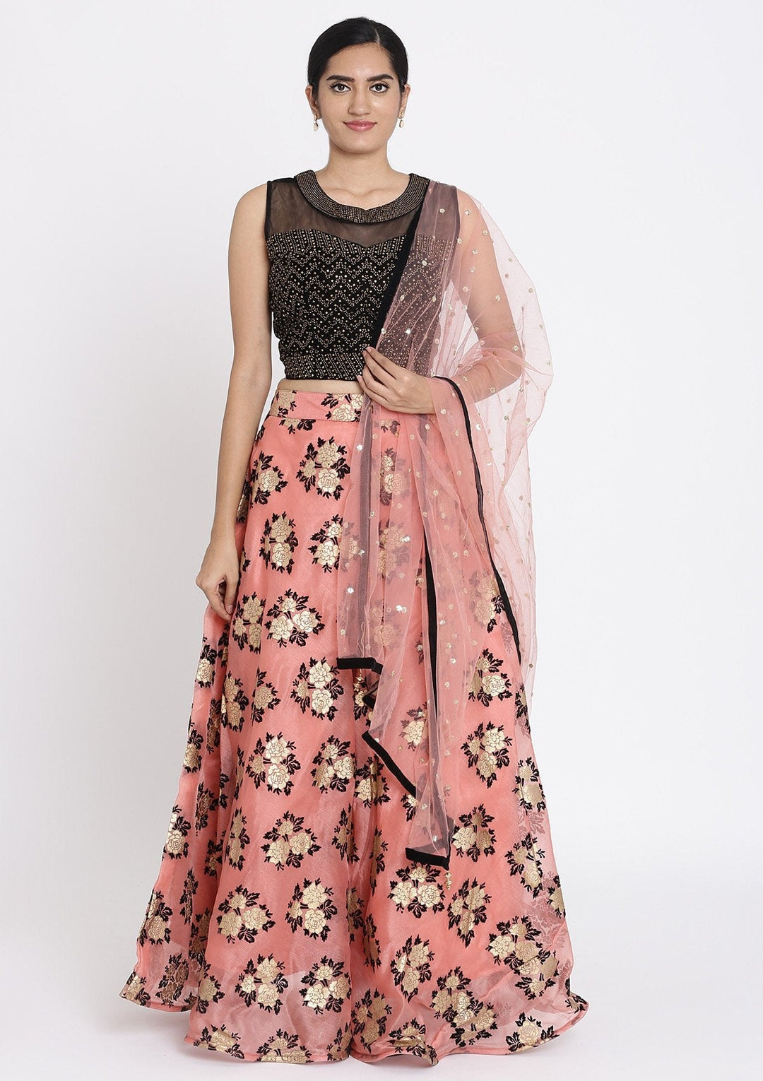 Pink And Black Swarovski Tissue Designer Lehenga - koskii