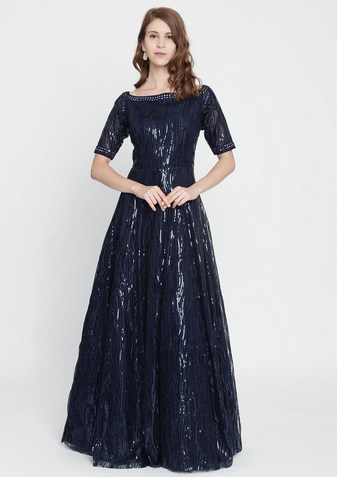 Navy Blue Sequins Net Designer Gown-Koskii