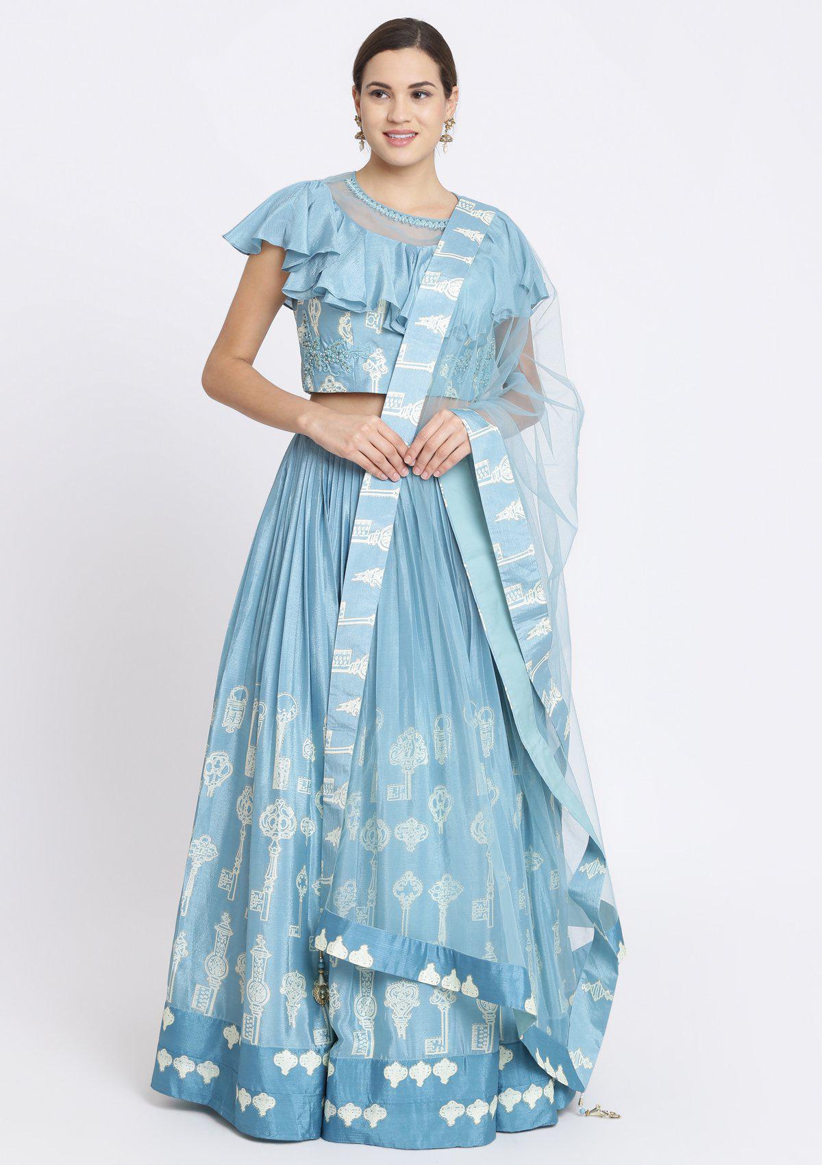 Baby Blue Print Satin Designer Lehenga-Koskii