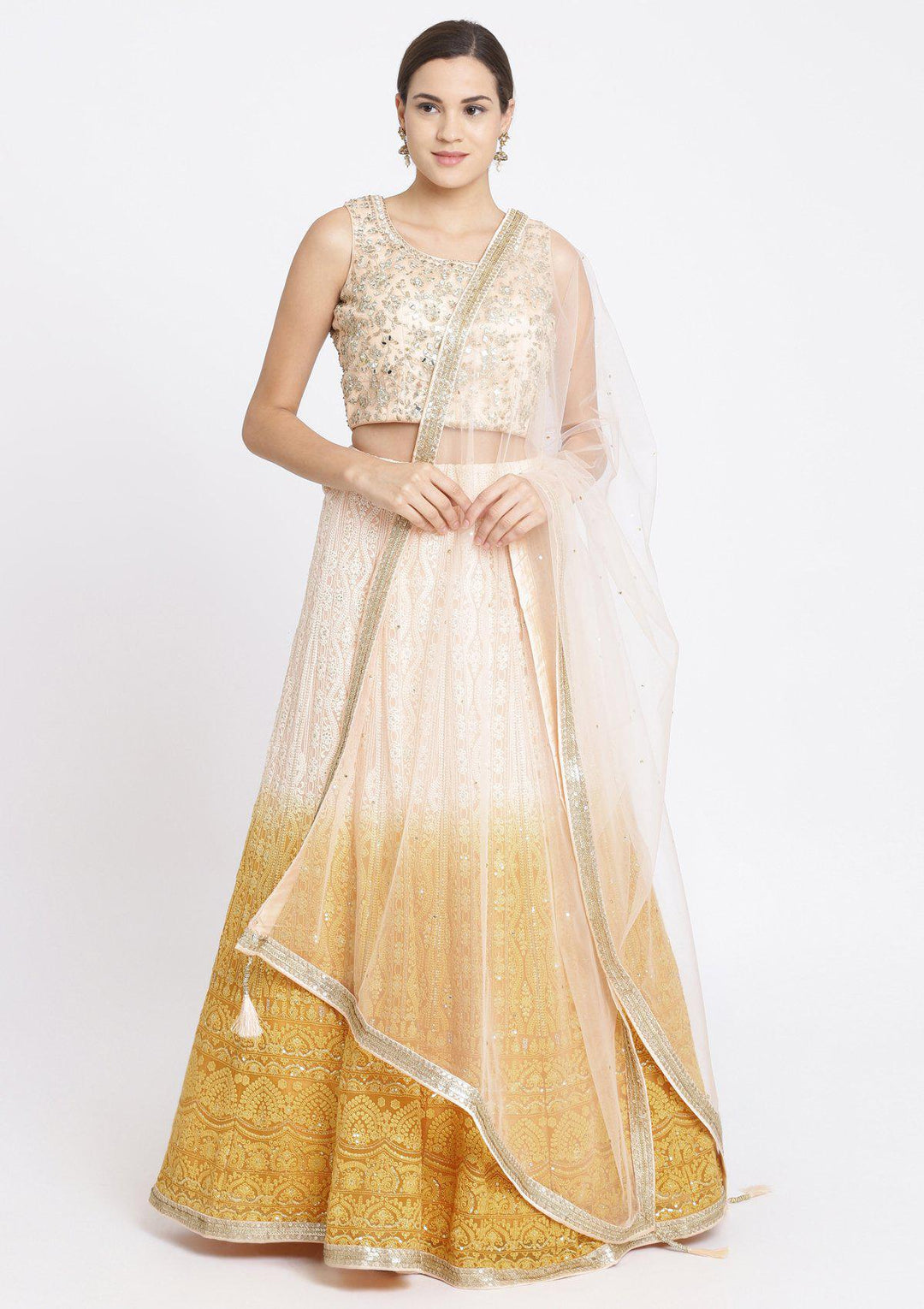 Chrome Yellow and Peach Mirrorwork Georgette Designer Lehenga-Koskii