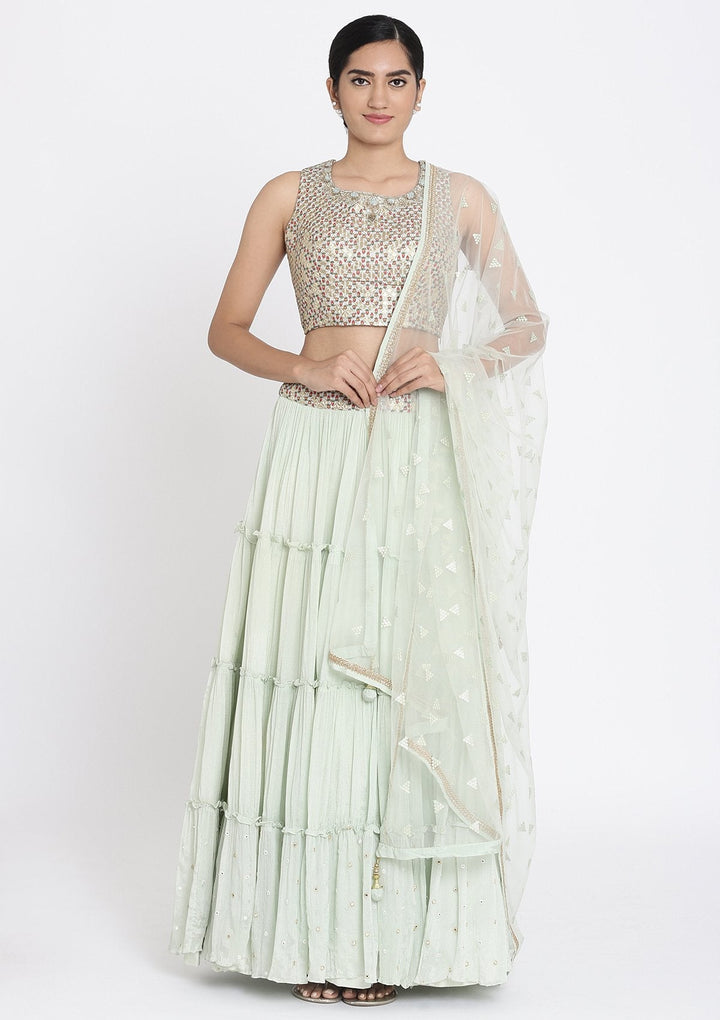 Pista Green Zariwork Art Silk Designer Lehenga - koskii
