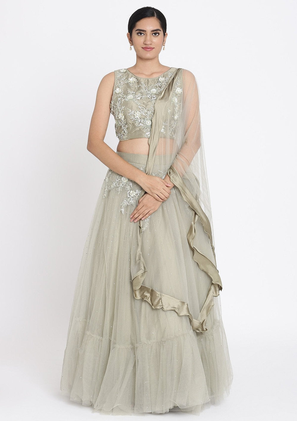 Pista Green Cutdana Net Designer Lehenga - koskii